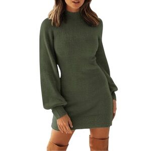 ZESICA Sweater Dress Fuzzy Soft Army Green Mock Neck Lantern Sleeve Knit Large